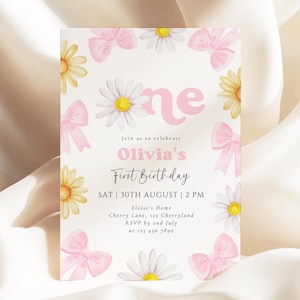 RETRO Coquette Daisy Pink Bow 1° modello di invito per il compleanno Spring Wild One First Girl Birthday Invite Flower First Birthday Boho Daisy