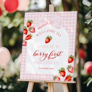 Beere Erster 1.Geburtstag Erdbeere Willkommensschild Vorlage Erster Geburtstag Gingham Mädchen Beere Thema Willkommen Poster Yard Sign Printable Canva