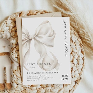 Modern White Bow Baby Shower Invitation Template Baby Shower Canva ...