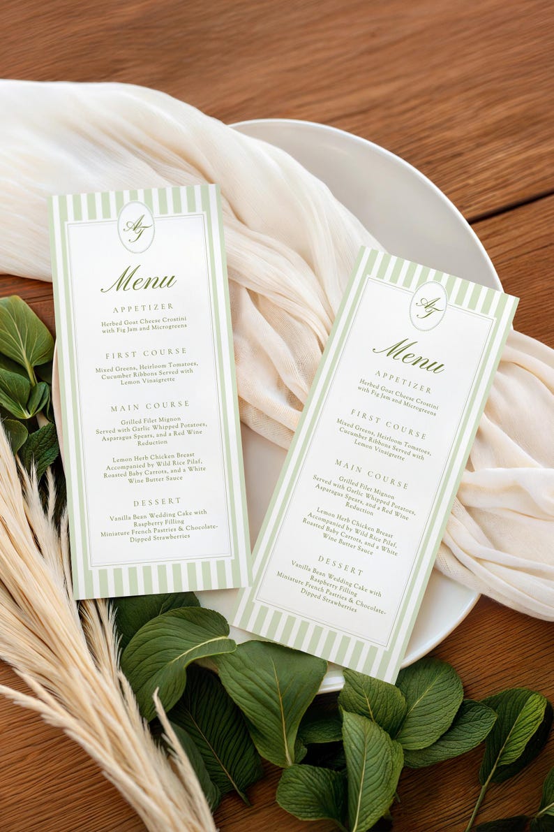Editable Wedding Menu Template | Green Stripes Menu Card | Canva ...