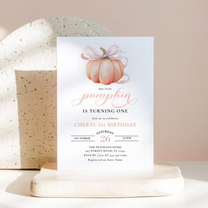 Orange Pumpkin First Birthday Invitation Pink Bow 1st Birthday Invitation Template Watercolor Fall Theme Invite Pretty Autumn Pumpkin Canva image 6