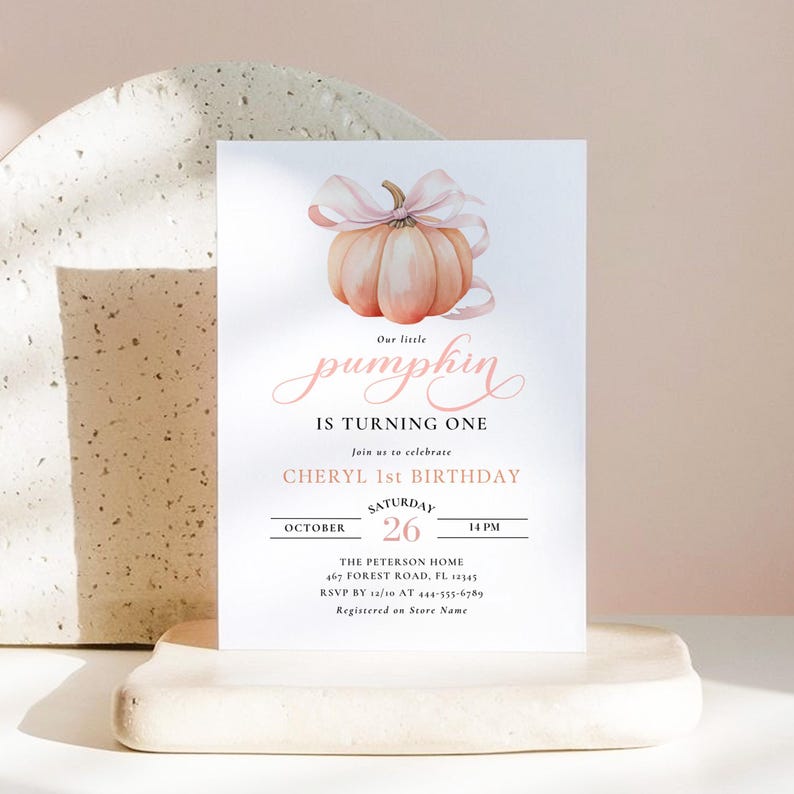 Orange Pumpkin First Birthday Invitation Pink Bow 1st Birthday Invitation Template Watercolor Fall Theme Invite Pretty Autumn Pumpkin Canva image 6
