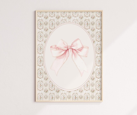 Vintage Pink Bow Nursery Baby Girl Wall Art Template Grandmillenial Decor Coquette Bow Victorian Floral Pattern Printable Art Print