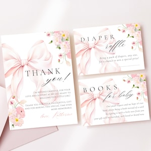 Roze strik Baby in bloei Babyshower Behuizing Kaarten Sjabloon Elegante bloemen flirt meisje Luier Loterij Boeken voor baby Bedankkaart Canva