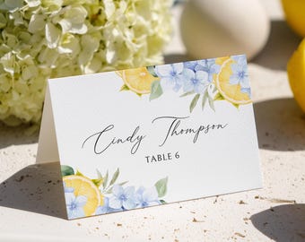 Hydrangea & Lemon Theme Place Card Canva Template | Printable Citrus Bridal Shower Buffet Cards