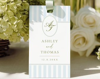 PRINTABLE Wedding Favor Tag Template | Blue & Green Stripes Minimal Monogram Favor Tag 2x3,5"