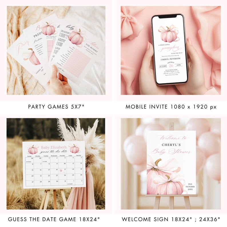 PACCHETTO Little Pumpkin is On The Way Set per Baby Shower Invito per Bambina con Fiocco Rosa Cartello di Benvenuto Autunnale Invito Digitale 10x Gioco Pacchetto Zucca Rosa immagine 3