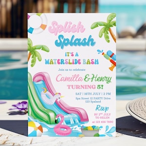May include: A party invitation with a waterside bash theme. The invitation features a pink and blue waterslide, a flamingo float, and the text "Splish Splash". It includes details for Camilla and Henry's 5th birthday party.