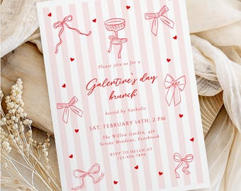 Galentine's Day Invitation Template | Pink Stripes + BOWS Girls Brunch Invite | Hand Drawn Valentines Party Printable