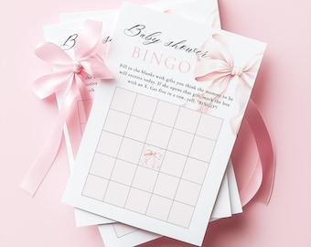 Juego de bingo para baby shower de niña con lazo rosa, archivo de descarga instantánea de actividad para baby shower imprimible, regalo de baby shower con lazo rosa
