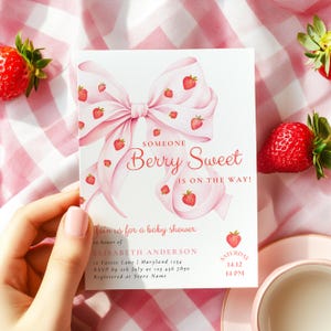 Strawberry Baby Shower Invitation Template Someone Berry Sweet is on the Way Coquette Baby Girl Ribbon Pink Bow Invitation Canva Printable