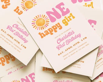 Einladungsvorlage für den ersten Geburtstag eines Mädchens | Sommerliche Babyparty-Einladung im Sonnen-Stil (Canva-Druckvorlage)