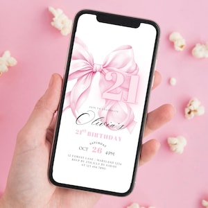 Modello di invito digitale per cellulare animato con fiocco rosa per ragazza 21° compleanno Evite Simple Pink Bow Minimal Coquette Twenty One Birthday Canva