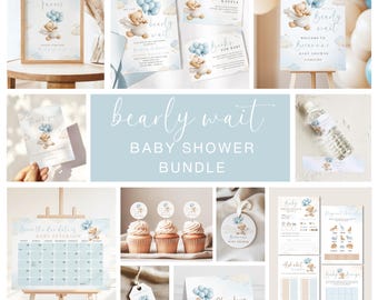 We Can Bearly Wait Baby Shower Bundle, Cute Boy Teddy Bear Baby Shower Bundle Blue Beige, Clouds Balloons Tags Games Signage Invitation Set