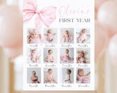 EDITABLE Pink Bow 1st Birthday Monthly Milestone Board Photo Template First Birthday Girl Decor Printable Canva