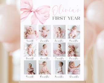 EDITABLE Pink Bow 1st Birthday Monthly Milestone Board Photo Template First Birthday Girl Decor Printable Canva