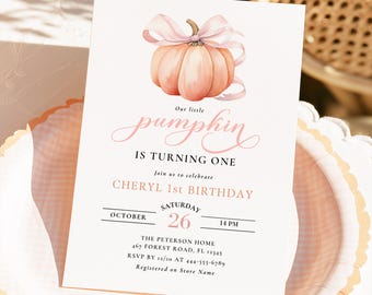 Einladung zum ersten Geburtstag mit kleinem Kürbis | Vorlage für eine Geburtstagseinladung mit rosa Schleife | Druckbare digitale Download-Vorlage (CANVA)