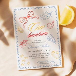 Ciao Bambino Babypartyeinladung Vorlage Italienisches Essen Thema Babypartyeinladung Jungen Wunderliche mediterrane Hand gezeichnet Doodle Printable