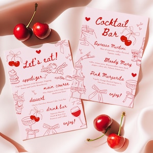 Modelli di menu per cocktail alla ciliegia di San Valentino e modelli di menu per cibo / Pink Red Girls Galentine's Brunch Retro Party Cherry Canva