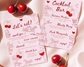 Valentine's Day Cherry Cocktail Menu & Food Menu Card Templates | Pink Red Girls Galentine's Brunch Retro Party Cherry Canva