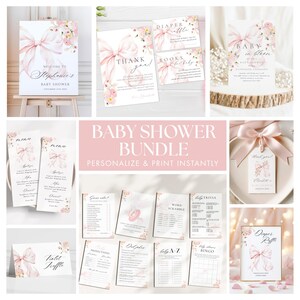 Modello per invito baby shower "Baby in Bloom" con fiocco rosa pastello e floreale per bambina, 10 giochi, cartello di benvenuto, menù, carta, Canva