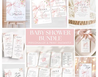 Baby in Bloom Baby Shower BUNDLE Template Baby Girl Floral Cute Pastel Pink Bow Baby Shower Invitation 10 Games Welcome Sign Menu Card Canva