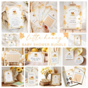 Könnte beinhalten: Ein Babyparty-Set zum Thema "Little Honey". Das Set enthält Einladungen, Spiele, ein Willkommensschild und Etiketten. Das Design zeigt einen Honigtopf, Sonnenblumen und ein Vichy-Muster in Gelb und Creme.
