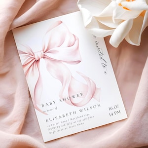 Modern Blush Pink Bow Baby Shower Invitation Template Baby Girl Shower Canva Template Elegant Pink Baby Shower Invitation Instant Download