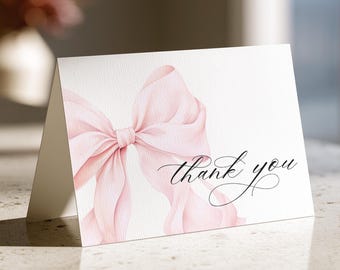 Pink Bow Baby Shower Thank You Card Template | Elegant Ribbon Thank You Note Canva Printable