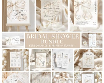 Elegant Bow Bridal Shower BUNDLE She&#39;s Tying the Knot Bridal Shower Printable Canva Templates Invitation Suite White Bow Signage and Games