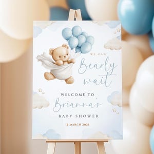 Plantilla de letrero de bienvenida para baby shower de We Can Bearly Wait, globo de osito de peluche azul y marrón, póster de bienvenida para baby shower de niño con acuarela, lienzo imprimible