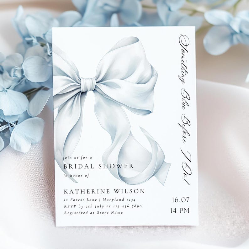May include: A white bridal shower invitation with a watercolor illustration of a large blue bow. The text reads "Something Blue Before I Do!" and includes the bride's name, date, time, and RSVP information.