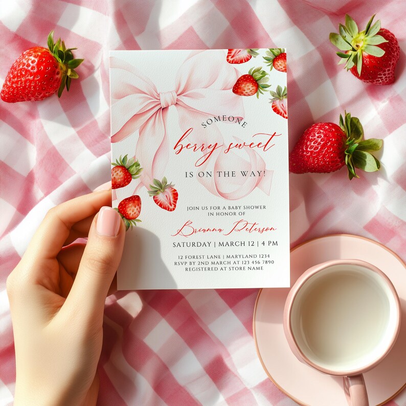 May include: A baby shower invitation with a watercolour design featuring a pink bow and strawberries. The text reads "Someone berry sweet is on the way!" and includes event details. Fresh strawberries and a pink teacup are also in the image.