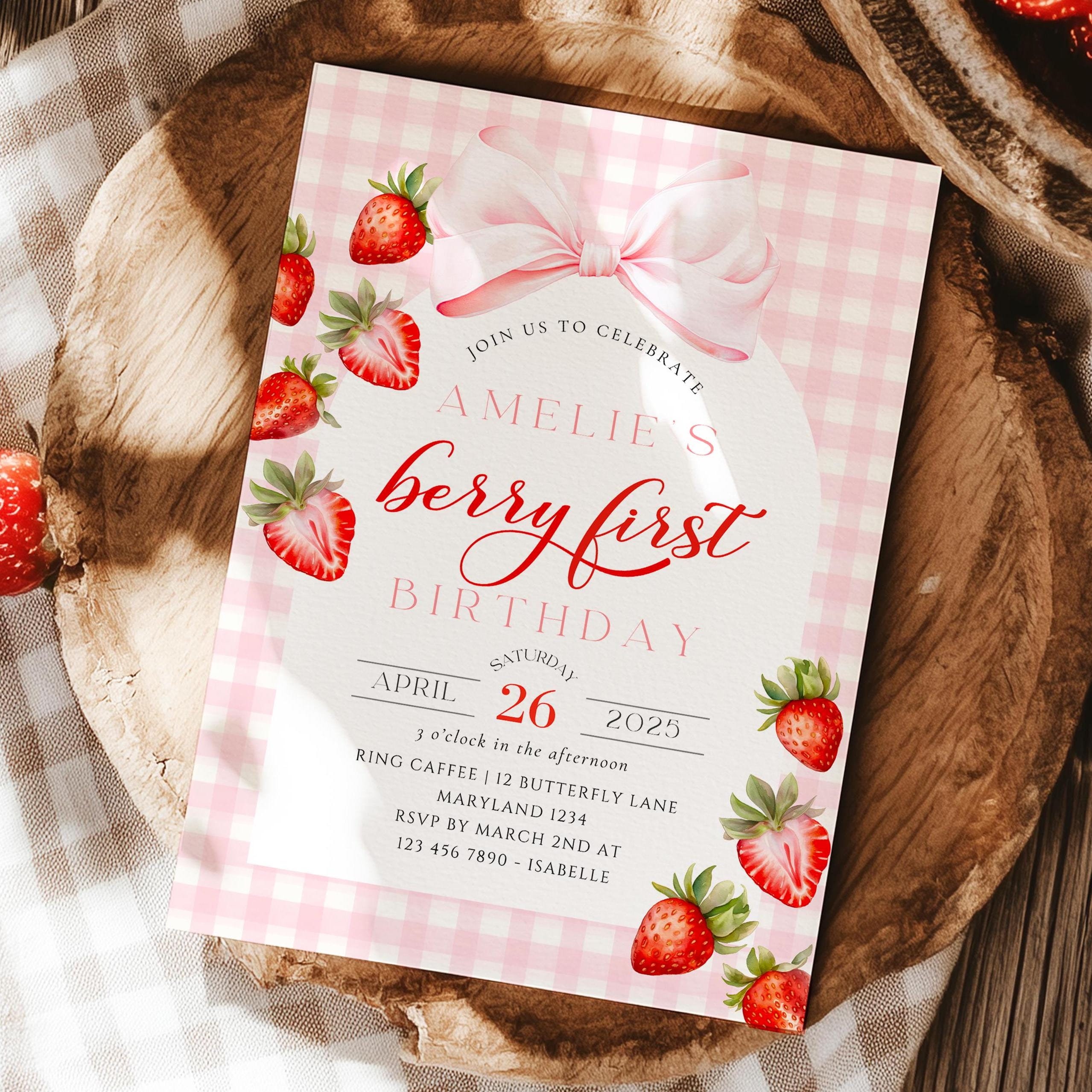 Pink Bow Berry First Birthday Invitation Template Girl Strawberry First ...