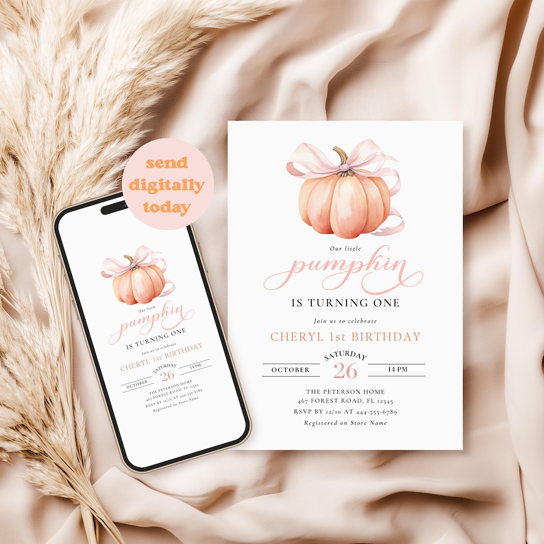 Orange Pumpkin First Birthday Invitation Pink Bow 1st Birthday Invitation Template Watercolor Fall Theme Invite Pretty Autumn Pumpkin Canva image 2