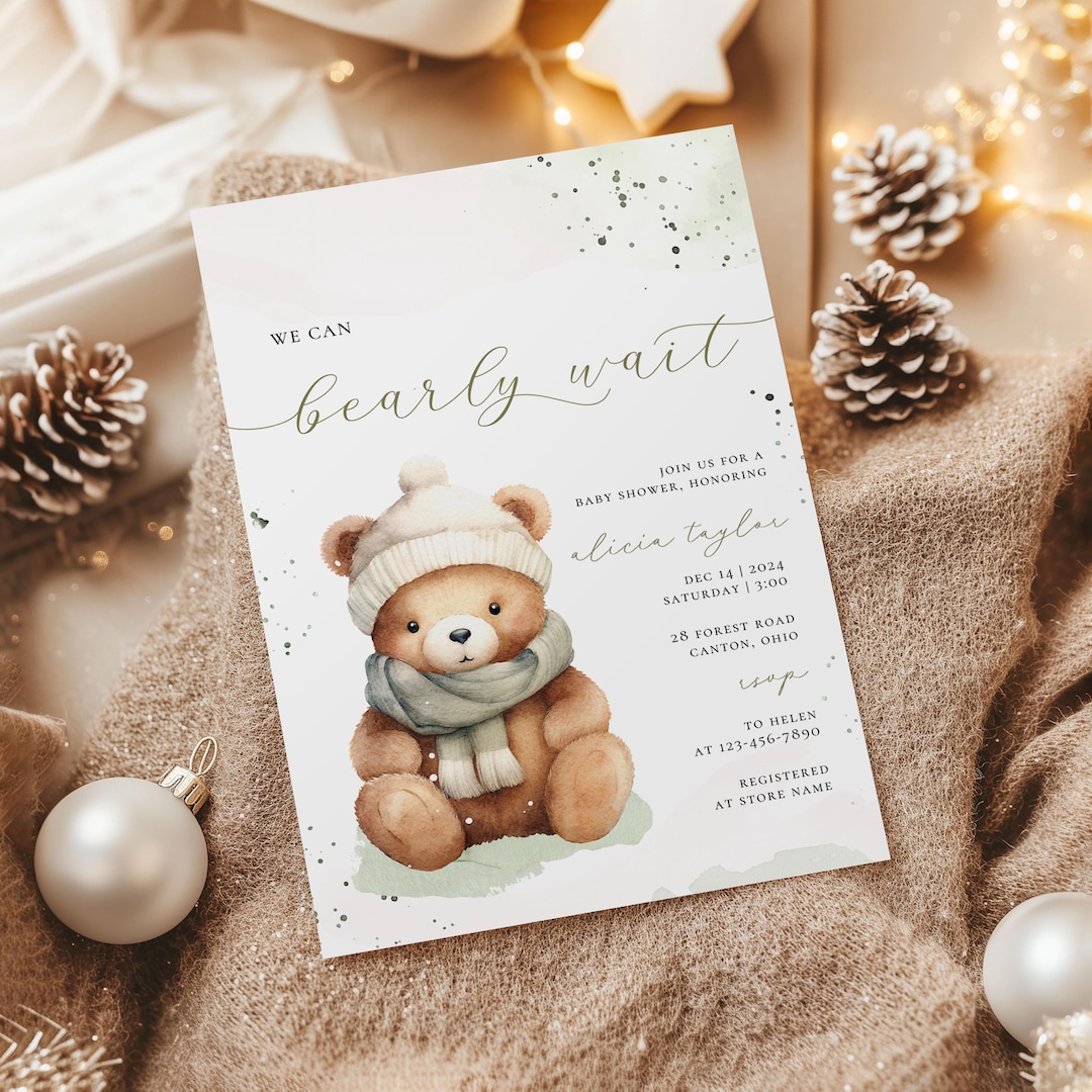 We Can Bearly Wait Sage Green Baby Shower Invitation Winter Christmas ...