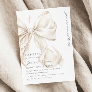 Noeud blanc et perles d'invitation au baptême Modèle de faire-part de baptême coquette ivoire, élégant ruban blanc crème, impression d'invitation imprimable sur toile