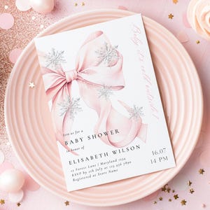 Pink Bow Baby It&#39;s Cold Outside Baby Shower Invitation Template Christmas Holiday Snowflake Snowfall Winter Wonderland Elegant Shower Invite