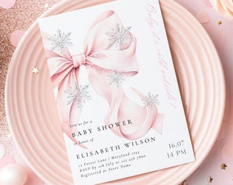 Pink Bow Baby It&#39;s Cold Outside Baby Shower Invitation Template Christmas Holiday Snowflake Snowfall Winter Wonderland Elegant Shower Invite
