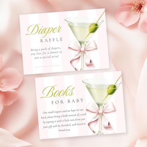 A Tiny One Is On The Way Baby Shower Vorlage Bücher für Baby Windel Lotterielos Rosa Schleife Martini Thema Mädchen Canva Printable Download