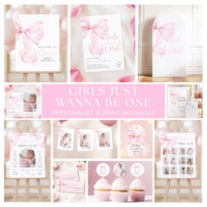 Le ragazze vogliono solo essere UNO Fiocco rosa 1° compleanno BUNDLE Modelli Ragazza Primo compleanno Nastro Coquette Invito di compleanno Download immediato Canva