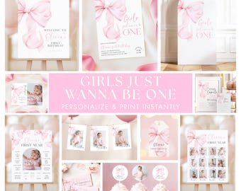 Girls Just Wanna Be ONE Pink Bow 1st Birthday BUNDLE Templates Girl First Birthday Coquette Ribbon Birthday Invite Instant Download Canva