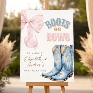 Boots or Bows Gender Reveal Welcome Sign Template Pink or Blue Western Theme Editable Welcome Poster Canva Printable Coquette Aesthetic