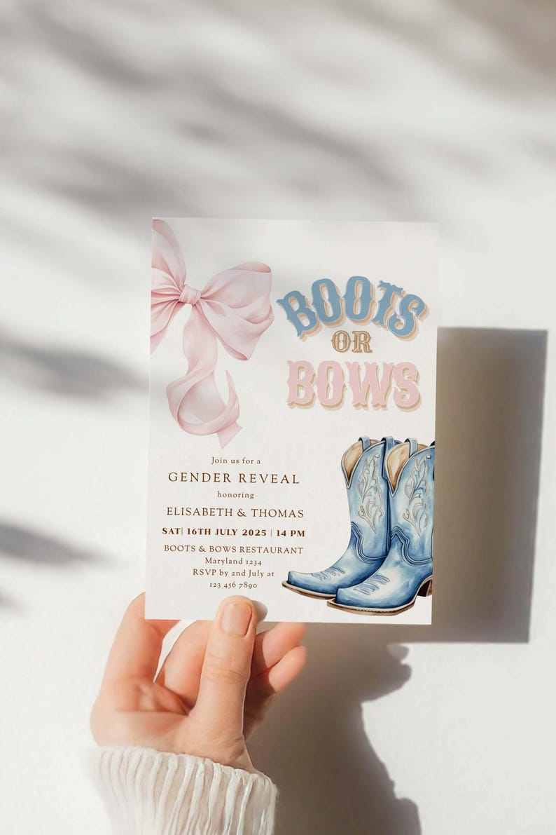 Boots or Bows Gender Reveal Invitation Template | Pink or Blue Western Theme | Editable Digital Invite Canva Printable Coquette Aesthetic image 5