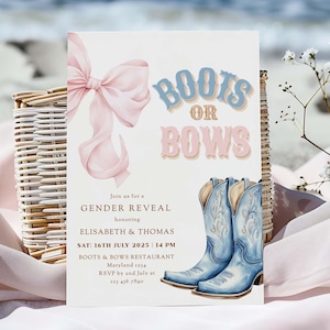 Boots or Bows Gender Reveal Invitation Template | Pink or Blue Western Theme | Editable Digital Invite Canva Printable Coquette Aesthetic image 1