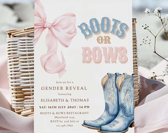 Boots oder Bögen Gender Reveal Einladungsvorlage | Pink oder Blau Western-Thema | Bearbeitbare digitale Einladung Canva Printable Coquette Aesthetic