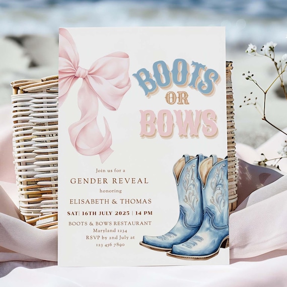 Boots or Bows Gender Reveal Invitation Template | Pink or Blue Western Theme | Editable Digital Invite Canva Printable Coquette Aesthetic