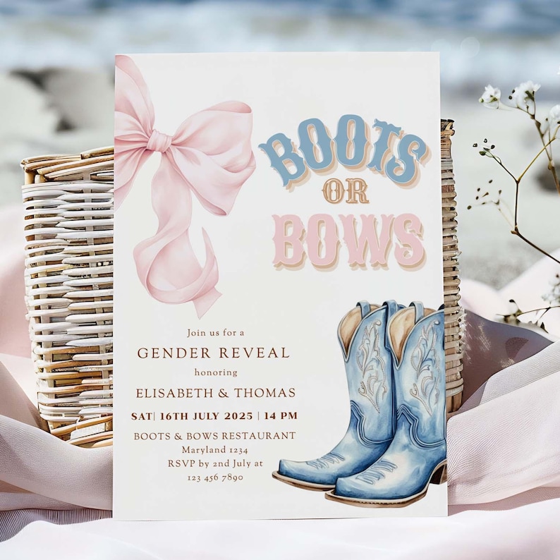 Boots or Bows Gender Reveal Invitation Template | Pink or Blue Western Theme | Editable Digital Invite Canva Printable Coquette Aesthetic image 1