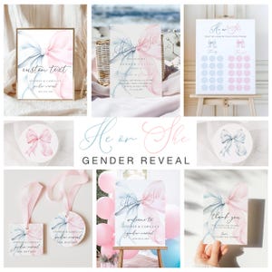 May include: A collection of gender reveal party decorations. The items include signs, invitations, and tags with watercolor bows in pink and blue. The text includes "He or She", "Gender Reveal", and custom text for the event.