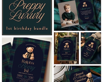 Preppy Luxury - Baby Boy Bear First Birthday Bundle | Tartan Plaid Green Navy Printable Party Package -Canva